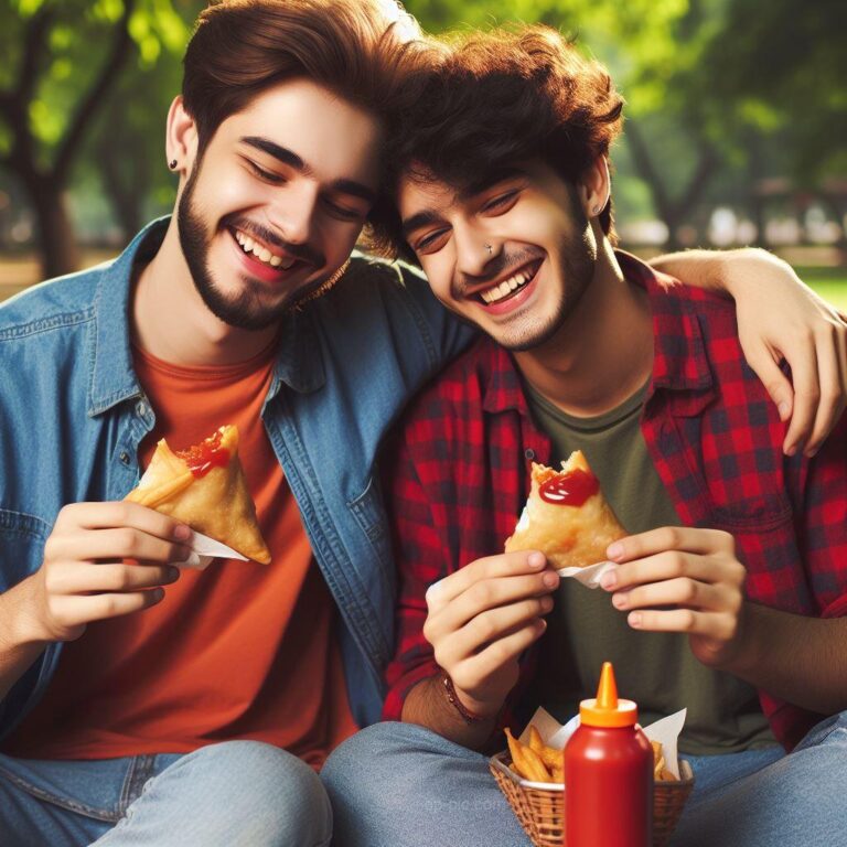 two boys friends DP eating samosay in the park