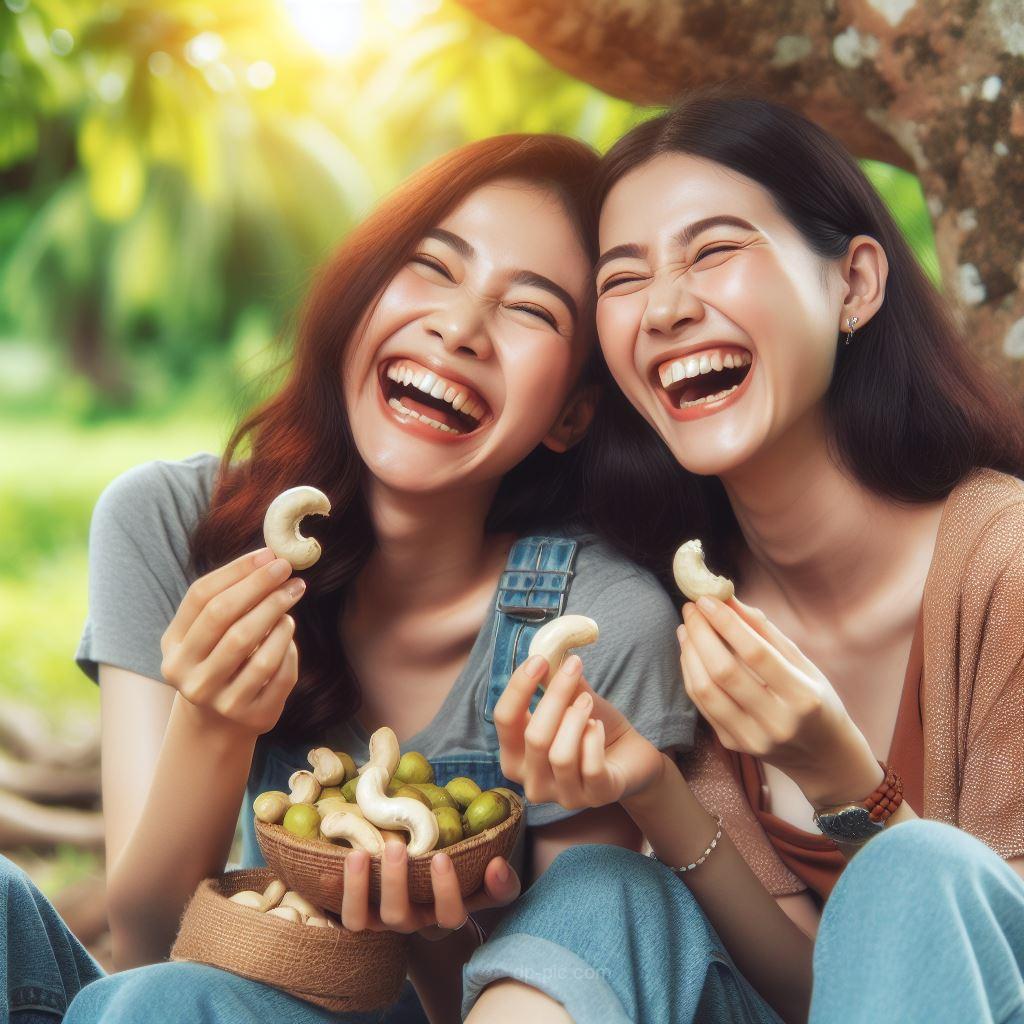 two girls eating cashew dp for whatsapp