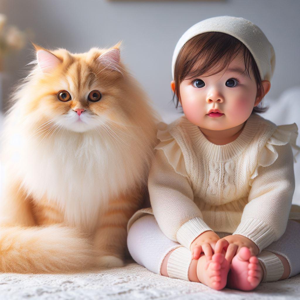 a cute baby with a siberian cat