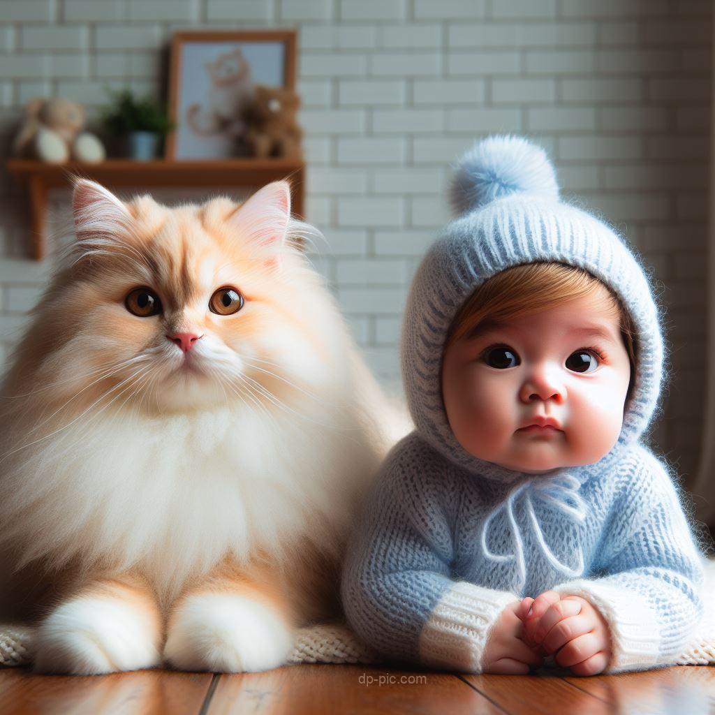 cute baby with a siberian cat sitting together