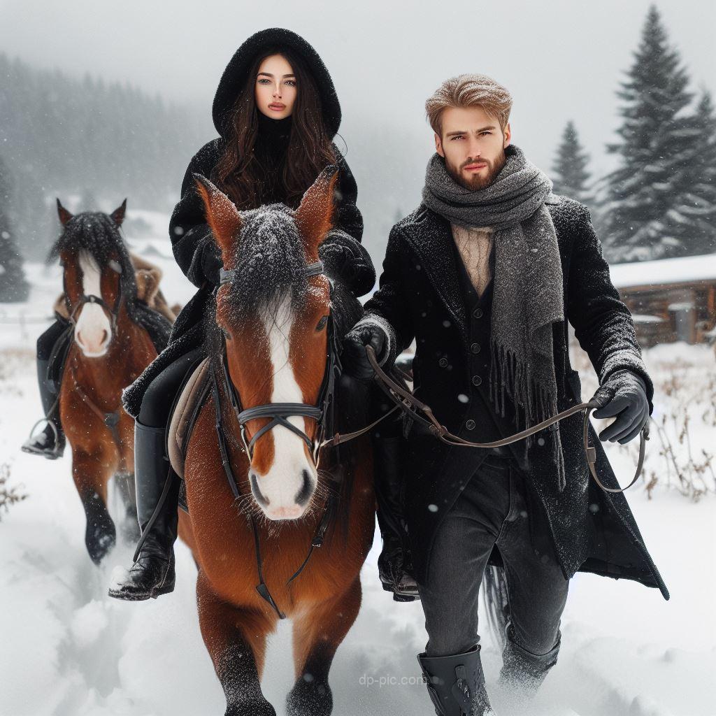 a girl with her boyfriend near horse in snow attitude dp by dp pic