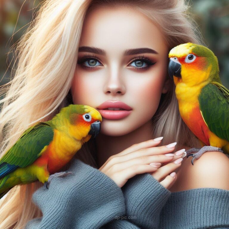 two parrots on hands of a young and beautiful girl, beautiful dp by dp pic