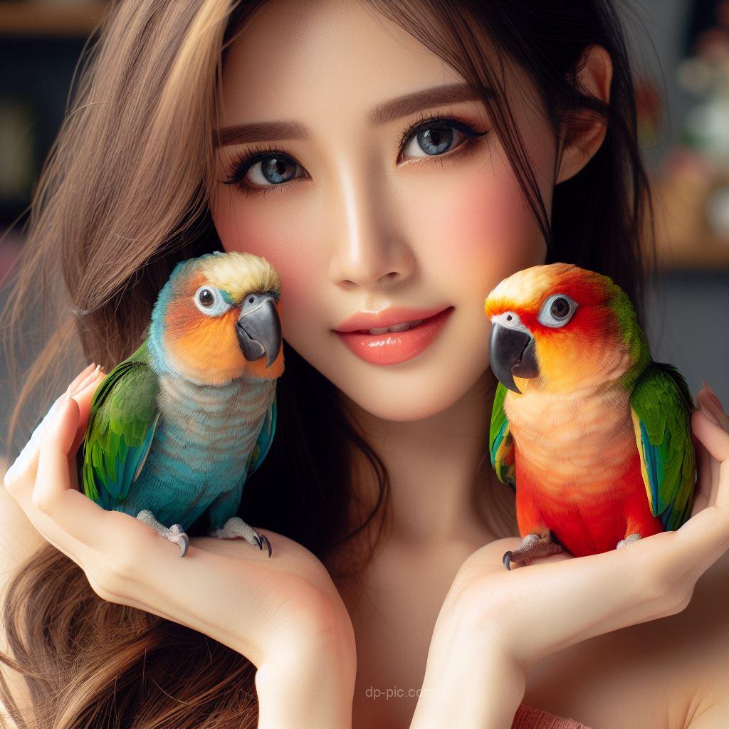 two parrots on hands of a young and beautiful girl, beautiful dp by dp pic