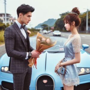 A man giving a bouquet to cute girl standing near a Bugatti in love dp by dp pic ()