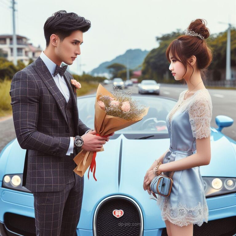 A man giving a bouquet to cute girl standing near a Bugatti in love dp by dp pic ()