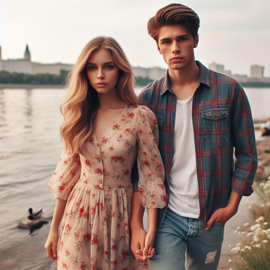 A young Man And A Young Beautiful Woman Walking in Bank of River in Love,Photography ()