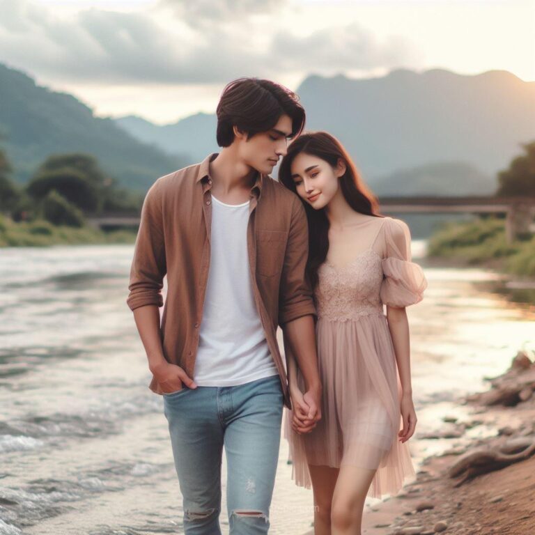 A young Man And A Young Beautiful Woman Walking in Bank of River in Love,Photography ()