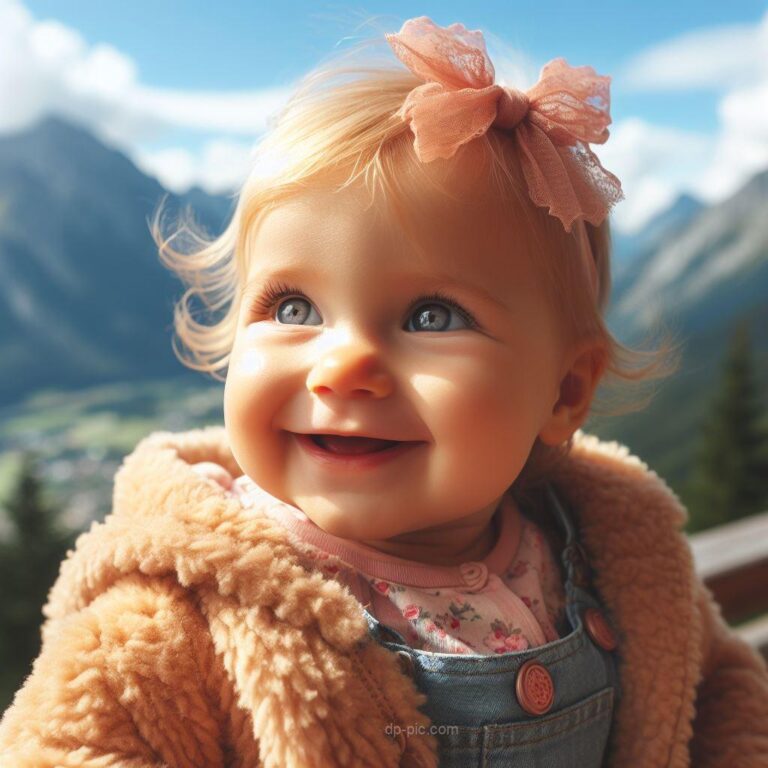 cute baby dp that a baby looking at the mountains with cute smile by dp pic