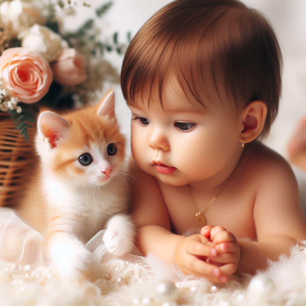 cute baby playing with cute cat dp by dp pic