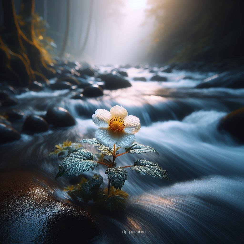 a white and yellow petals flower growing in the water stream this a flower dp by dp pic