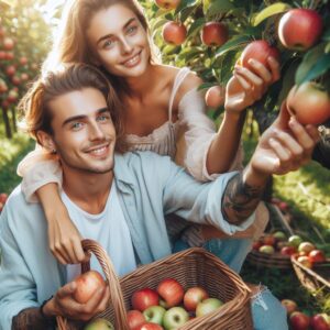 two friends plucking apples from trees