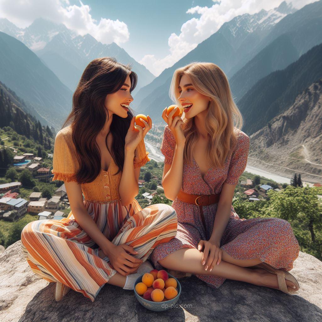 two friends eating apricots on a mountain,friends dp,dp pic