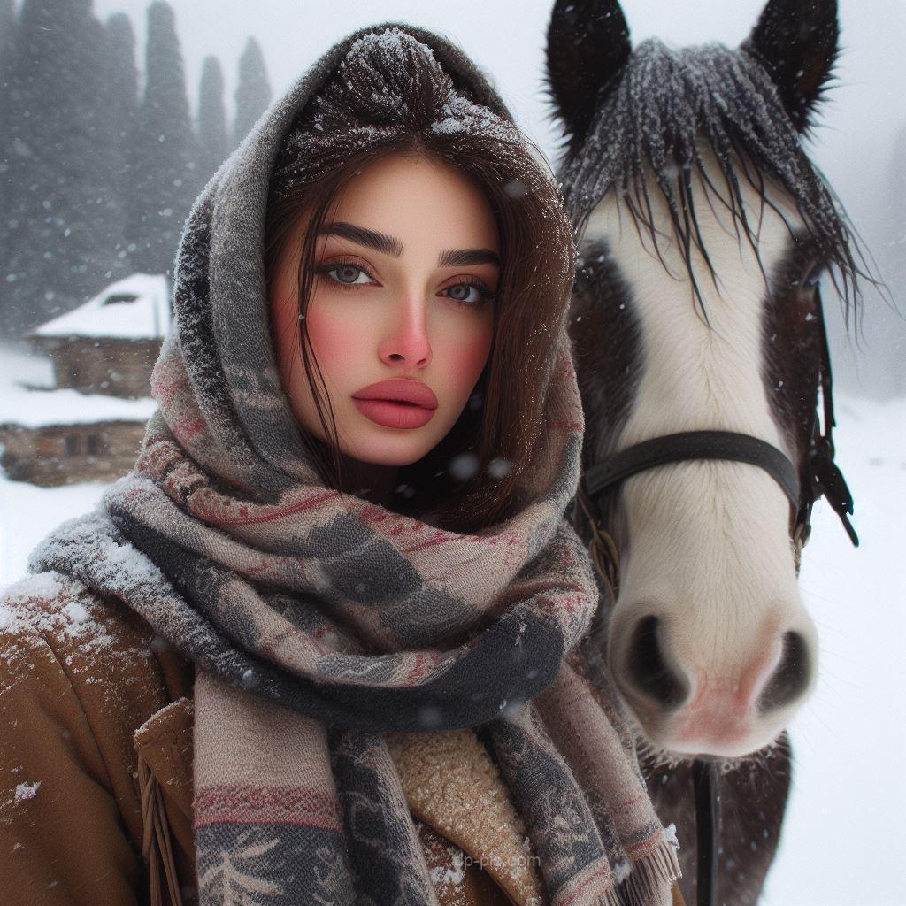 young woman near her horse in snow with attitude dp by dp pic