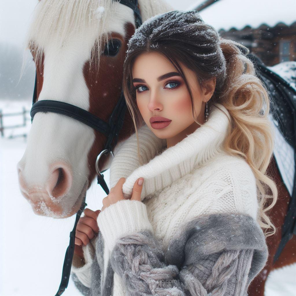 young woman near her horse in winter with attitude dp by dp pic