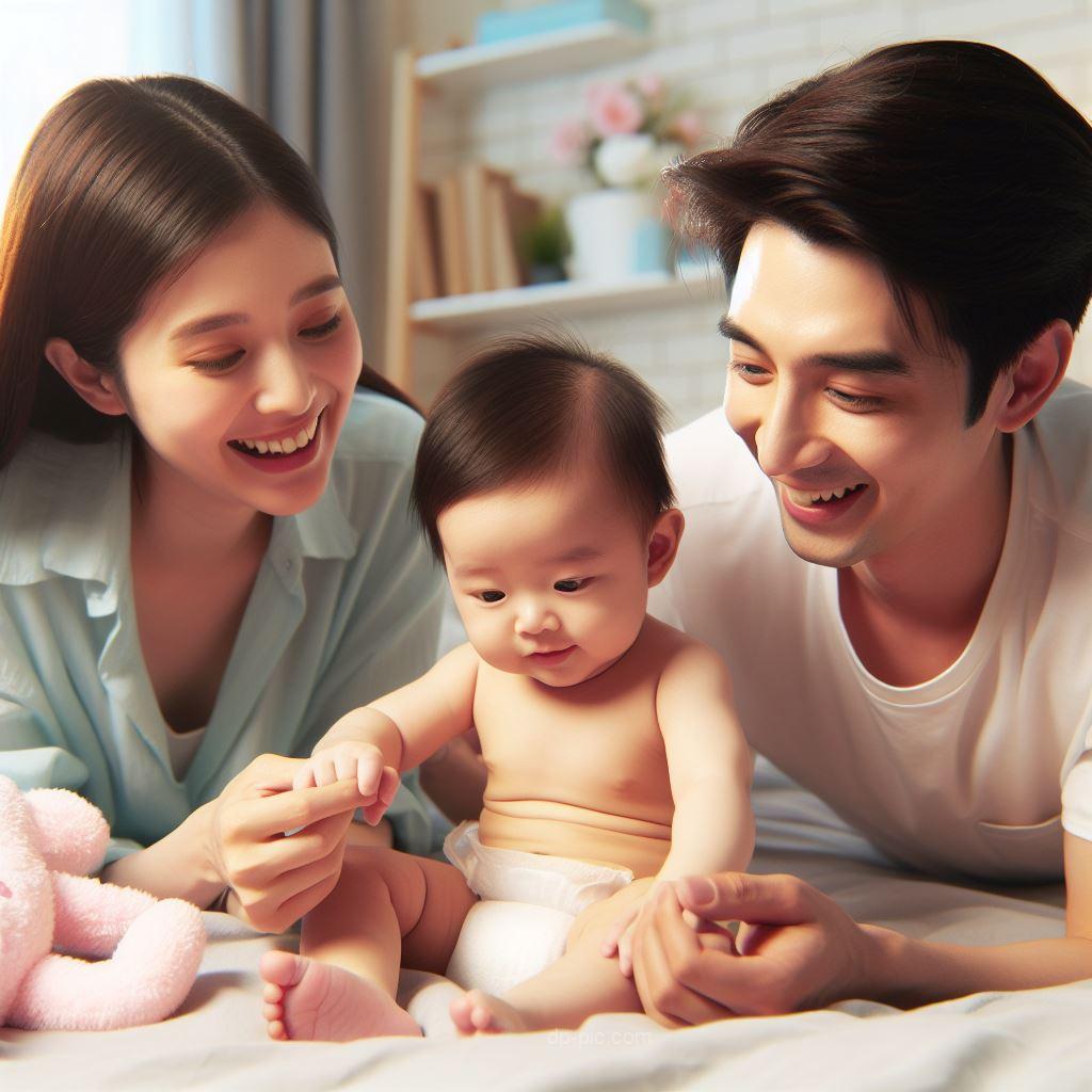 a cute baby playing with his family happily
