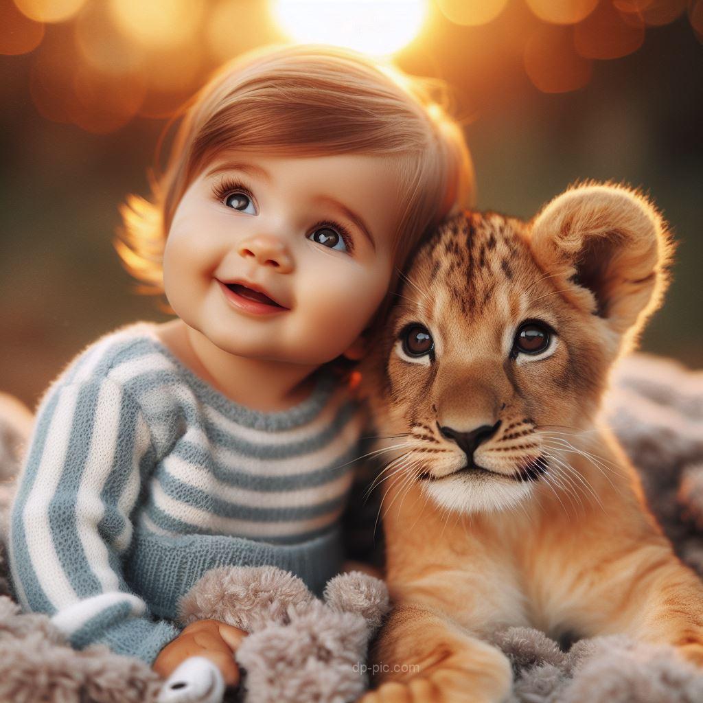 a cute baby playing with lion cub