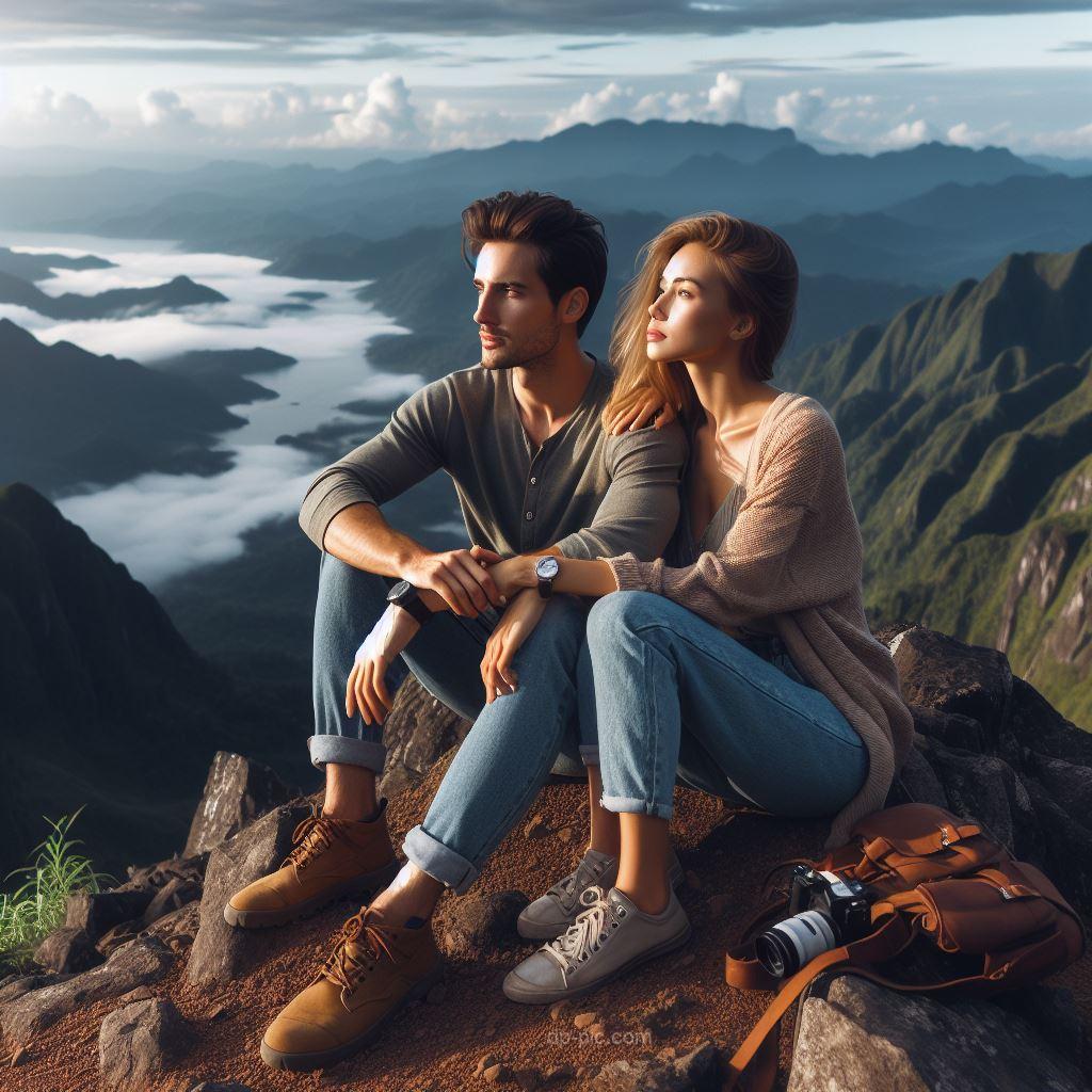 a couple sitting on mountain setting together in love dp