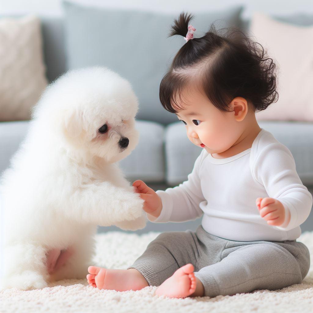 baby playing with cute dog puppy cute dp