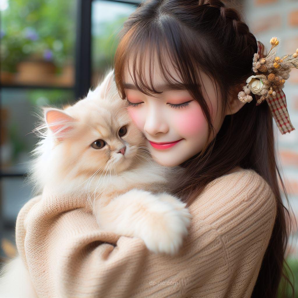 a cute girl holding a cute siberian cat happily