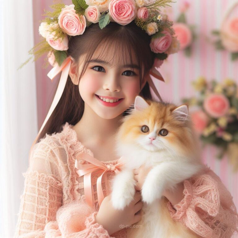 a cute girl holding a siberian cat happily and passing a cute smile