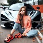 a girl is sitting near mc laren car with attitude dp 2