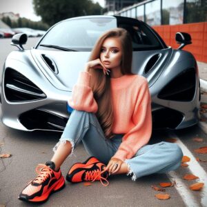 a girl sitting near a mc laren car with attitude dp by dp pic