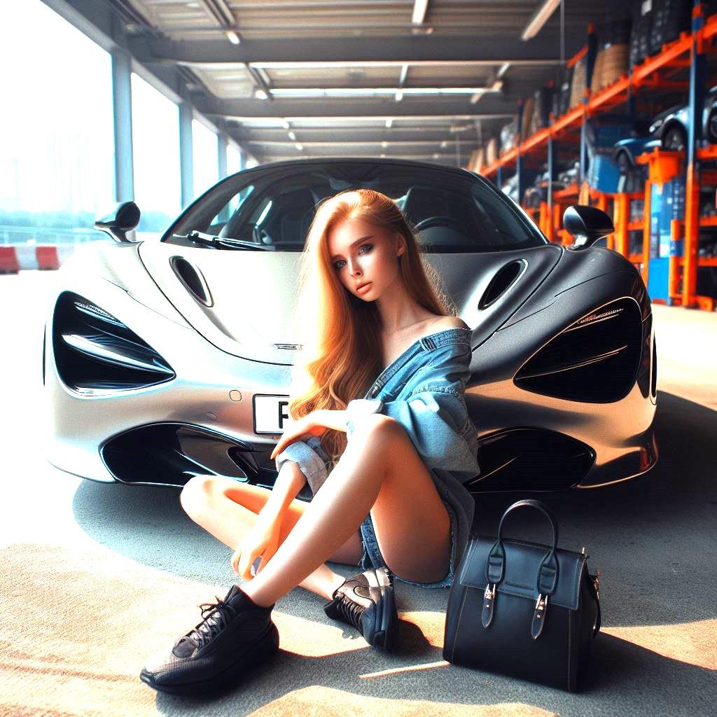 a girl sitting near a mc laren car with attitude dp by dp pic