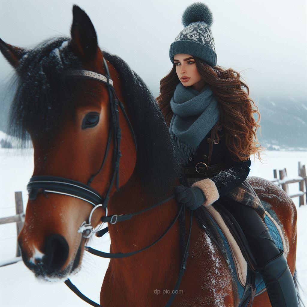 a beautiful and young girl sitting on horse in snow with attitude dp by dp pic