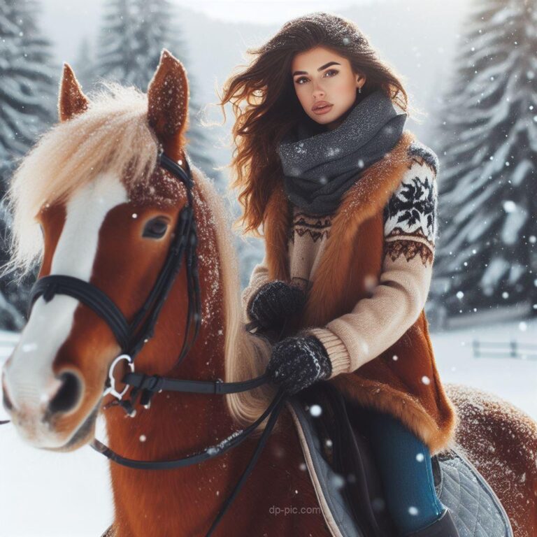 a beautiful girl sitting on horse in snow with attitude dp by dp pic