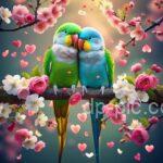 beautiful two parrots on a flower filled branch of a tree dp by dp pic 1