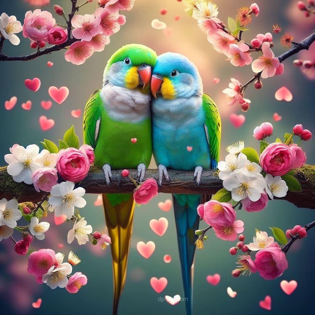 beautiful lovers two parrots on a flower filled branch of a tree dp by dp pic
