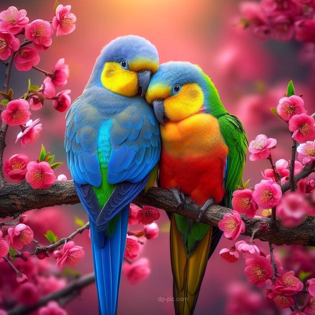 beautiful lovers two parrots on a flower filled branch of a tree dp by dp pic