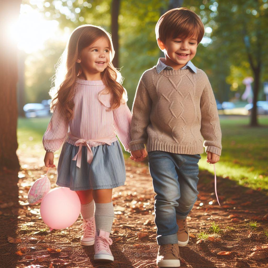 a cute little brother and sister walking in the park early in the morning dp