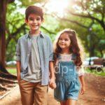 a cute little brother and sister walking in the park early in the morning