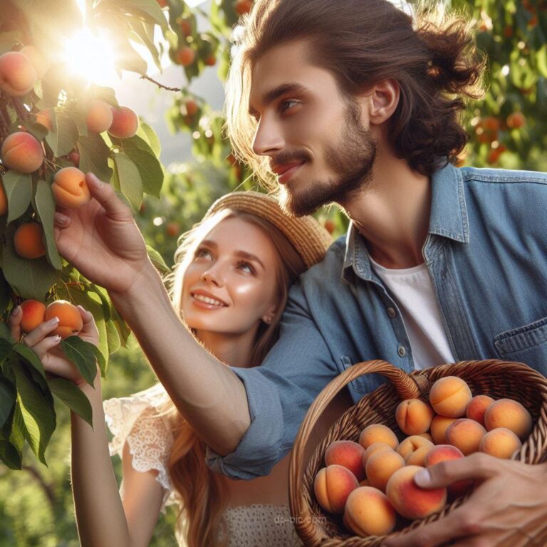 young man and a young woman plucking apricots from apricot trees dp by dpic
