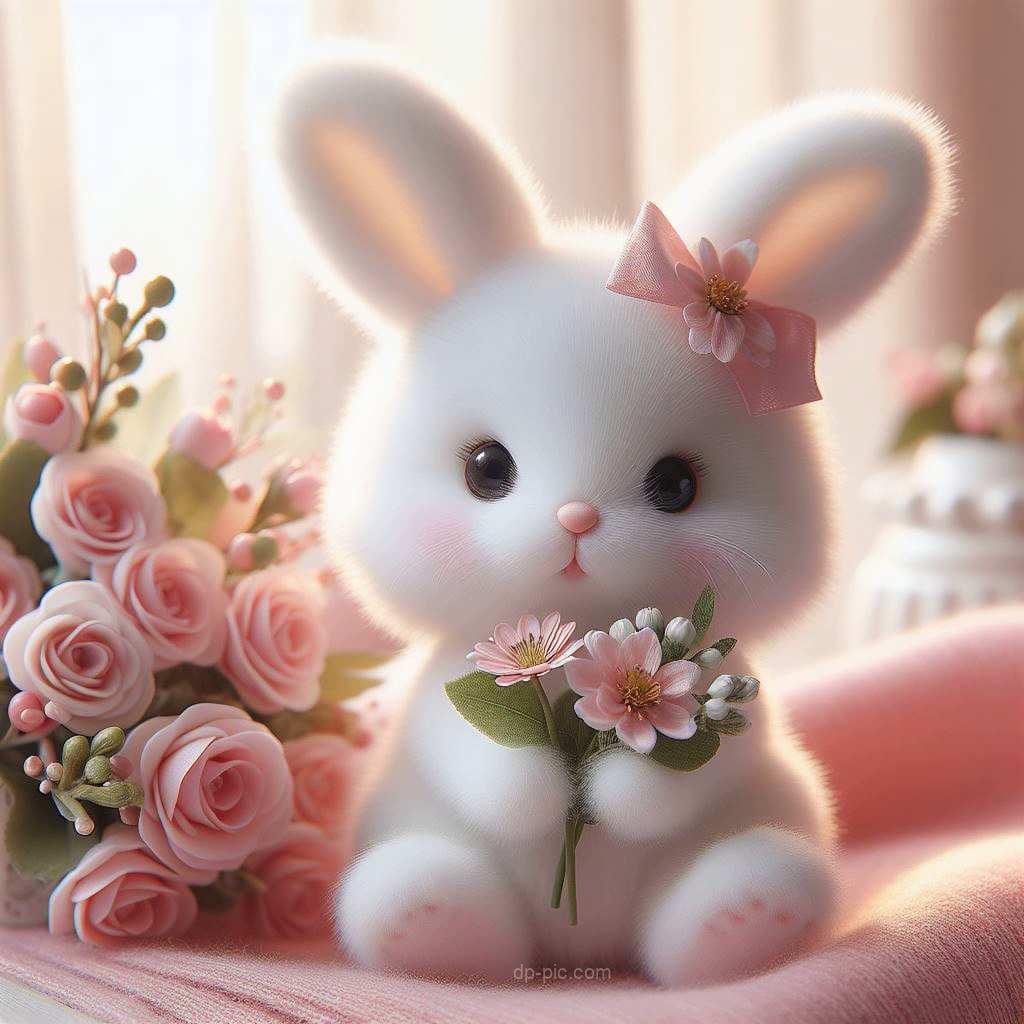 A Cute Bunny Holding Flowers ,Cute dp,cute bunny dp,dp pic ()