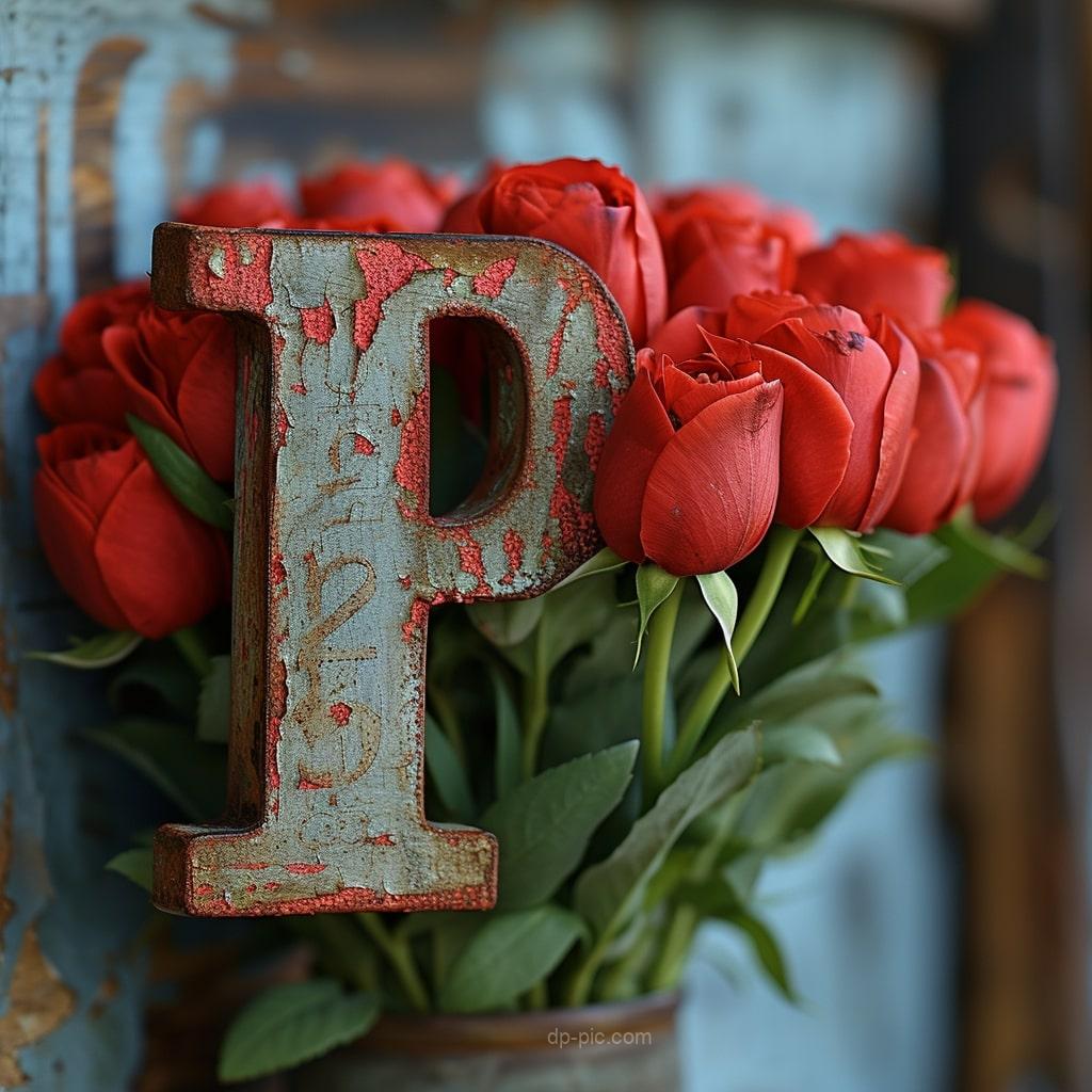 Letter P written on boquet of red roses letters dp by dp pic ()