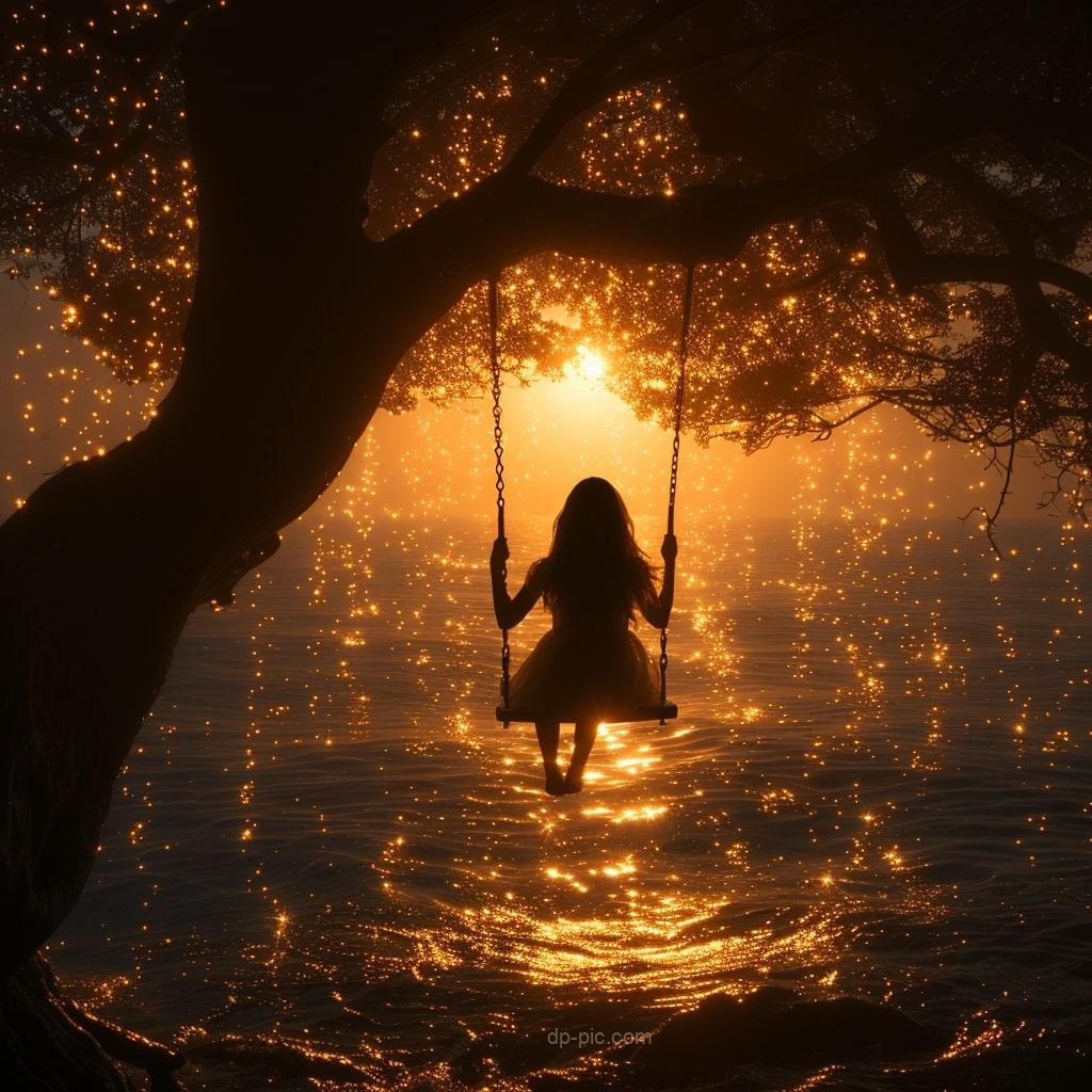 a girl swinging happily in sunset beautiful dp by dp pic ()