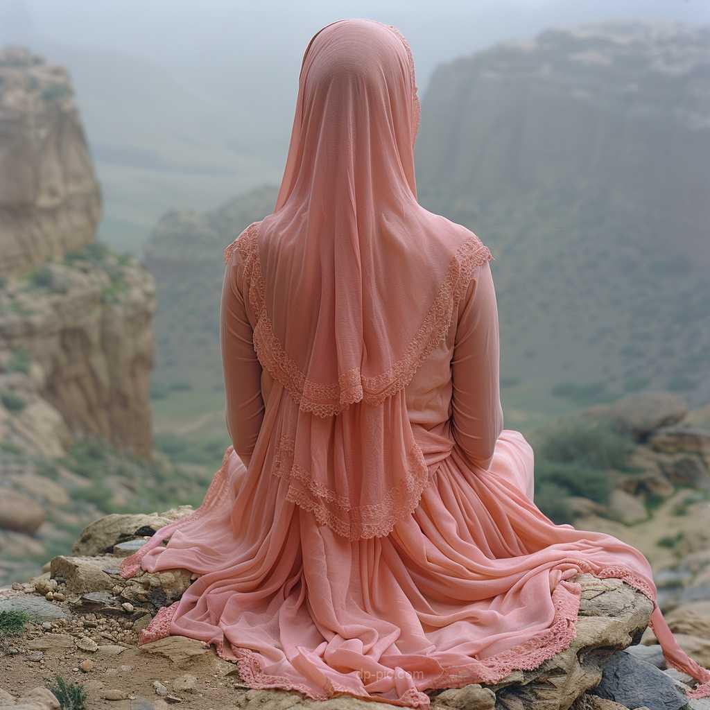binyagamer a woman sitting on rocks backside wearing pink hajib fbe e d bf bcbaa