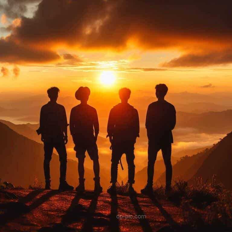 four friends standing together on a mountain in friendship, friend dp, friendship, friends pfp, friends group dp, group dp ()