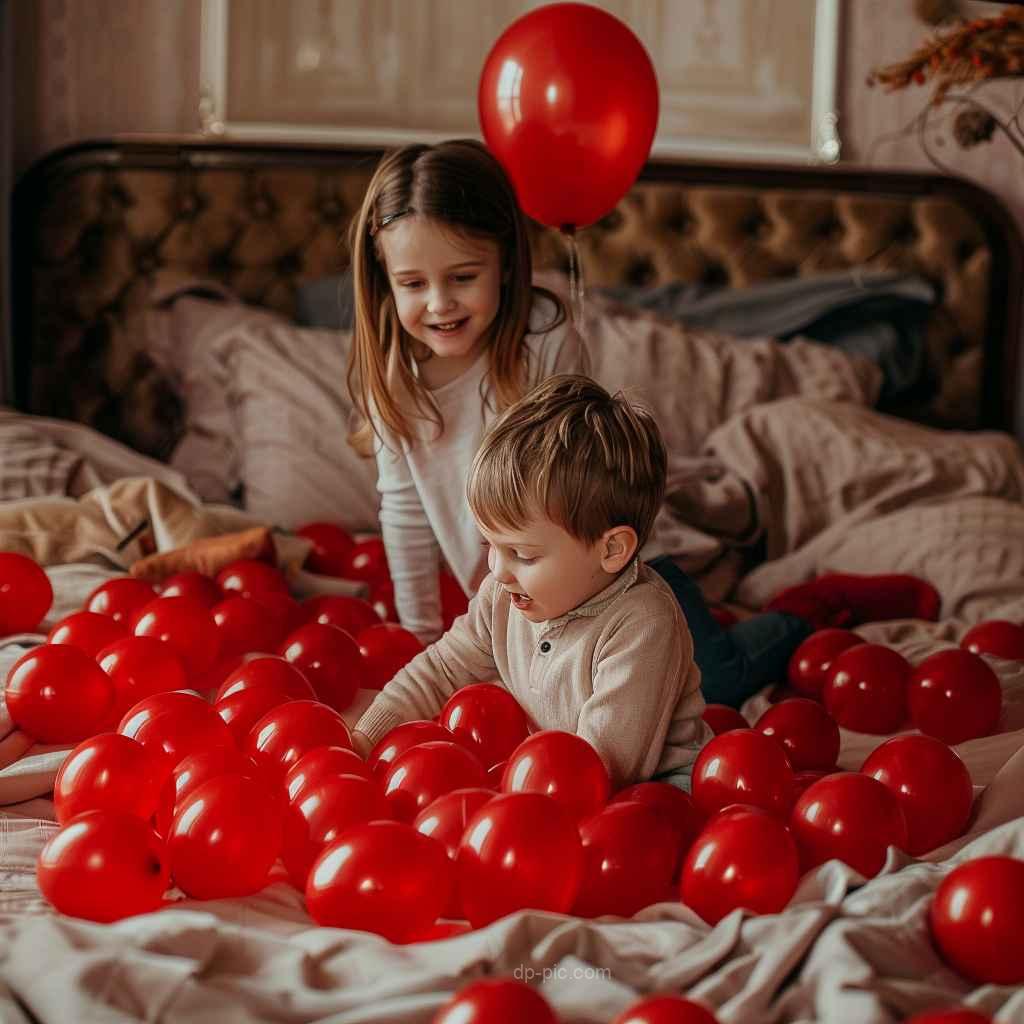 young lttle brother and sister playing with red bithday balloons on bed , family dp, birthday dp, child dp, brother dp, sister dp , sister and brother dp, brother family dp, dp pic, dp pick, dp pics, ()