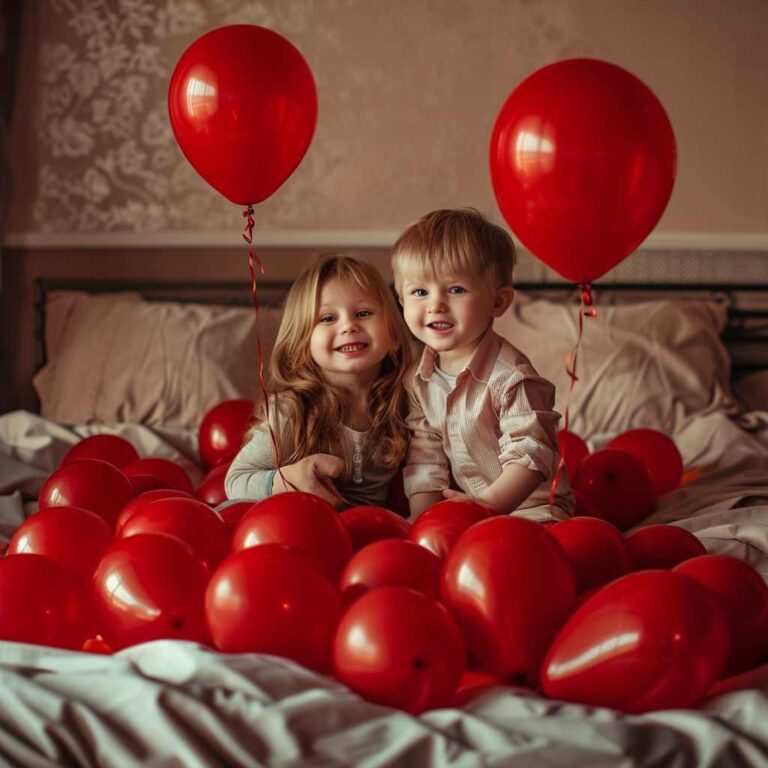 young lttle brother and sister playing with red bithday balloons on bed , family dp, birthday dp, child dp, brother dp, sister dp , sister and brother dp, brother family dp, dp pic, dp pick, dp pics, ()