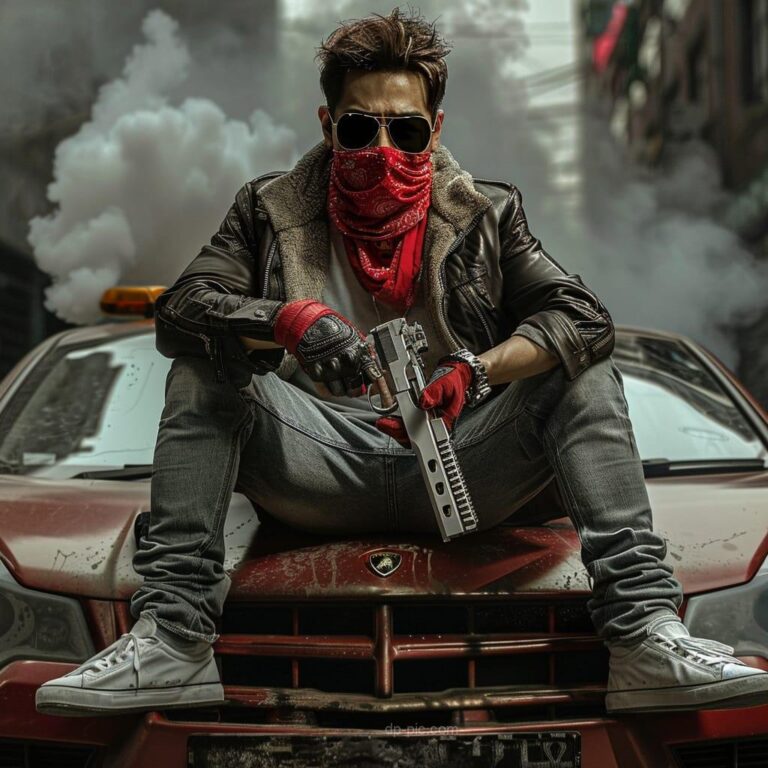 A Boy Holding Gun And Sitting On Car In Boys Attitude , boys attitude dp, boys cool dp., killer dp,boys cools pfp, social media pfp, by dp pic ()