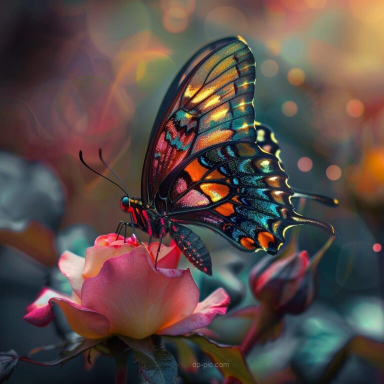 a beautiful color wings butterfly on a rose , beautiful dp, butterfly dp, rose pfp, new lovely butterfly dp ()