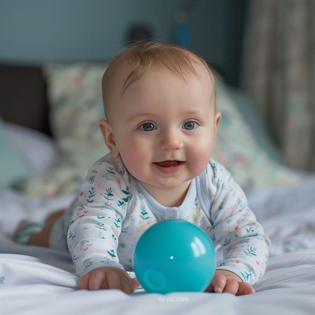 DP Pic : A Cute Baby Playing with Ball on Bed Best PFP