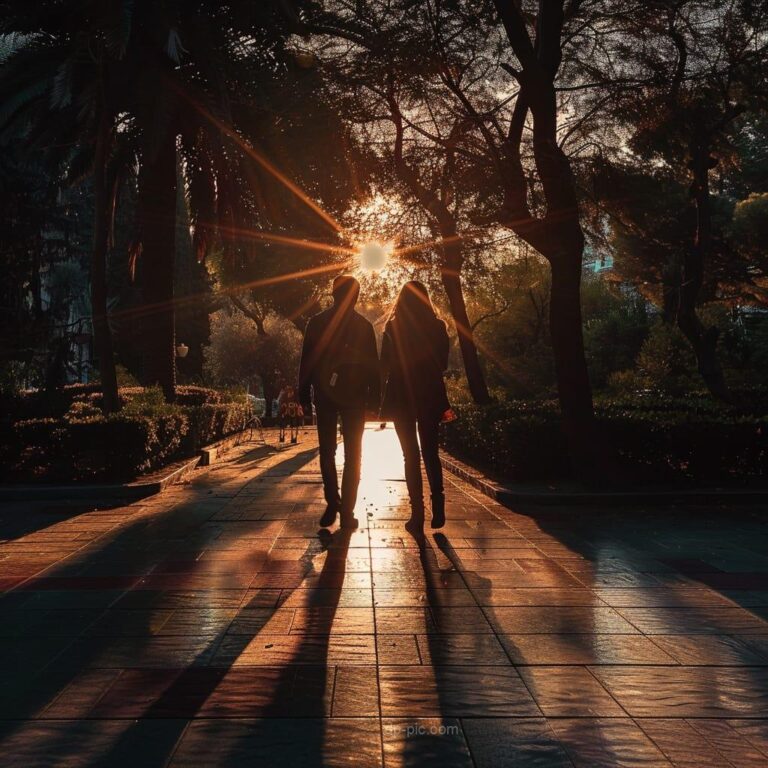 a young couple walking in sunset at park, love dp, couple pfp for social media , new profile picture for couples ()