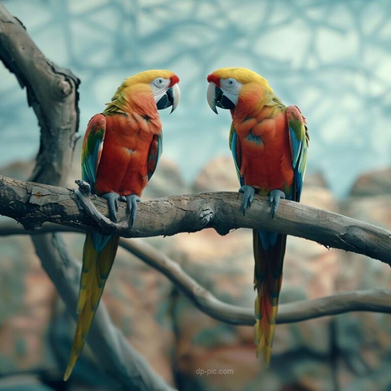 two beautiful parrots on a branch, beautiful dp, bird dp, love dp, nice dp, natural lovers dp, pets lovers pfp ()