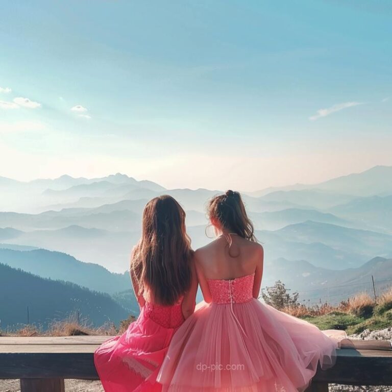 two pink dress girls sitting on mountain bench together in friendship, friends fp , friends pfp, girls friends dpz, pink dress, girls favorite dp ()