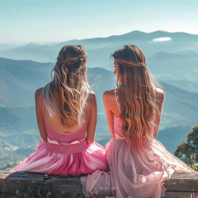 two pink dress girls sitting on mountain bench together in friendship, friends fp , friends pfp, girls friends dpz, pink dress, girls favorite dp ()