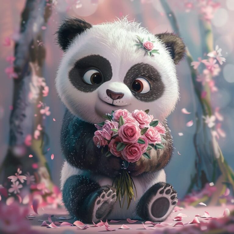 a cute panda holding pink flowers in his hands cute dp by dp pic ()